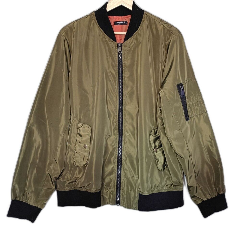 Lightweight Satiny Bomber Jacket Olive Green Windbreaker Women's XL